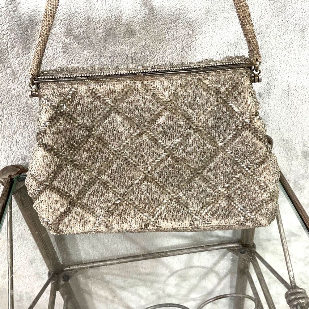 Vintage 1940s Hand-Beaded Evening Formal Bag Purse France ? silver color